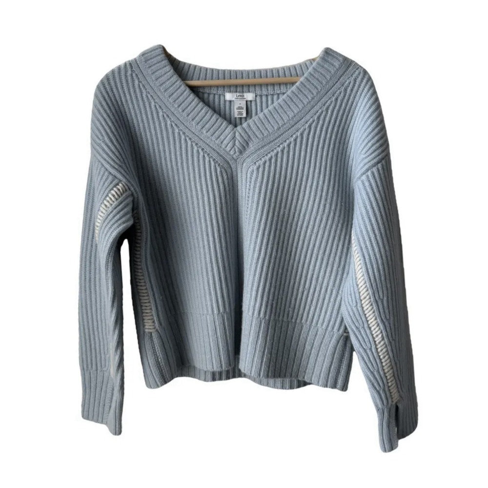 Lewit V-Neck Cashmere Sweater Baby Blue Contrast Stitching Drop Shoulder Soft SM